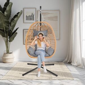Hanging Egg Chair with Stand & Cushions - All-Weather Rattan Swing Chair