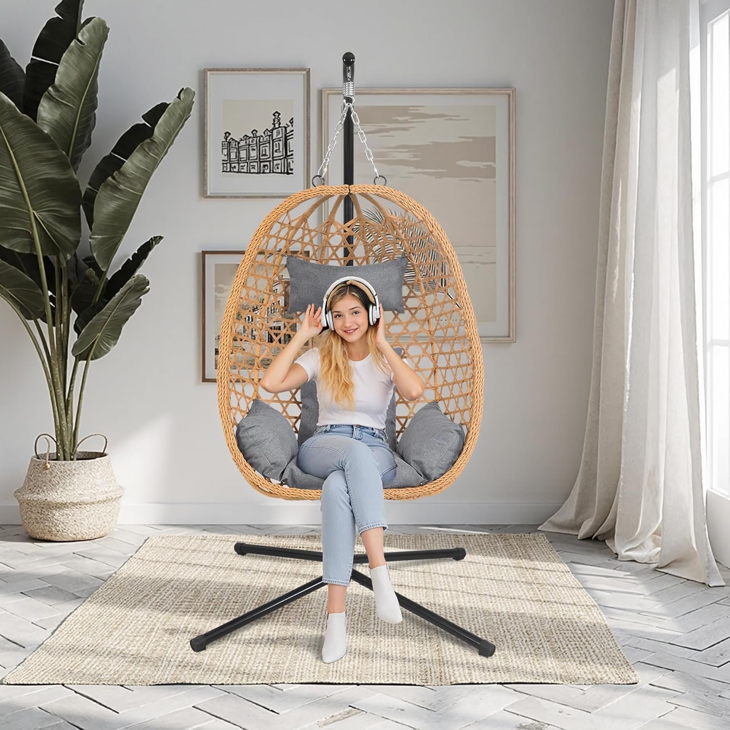 Hanging Egg Chair with Stand & Cushions - All-Weather Rattan Swing Chair